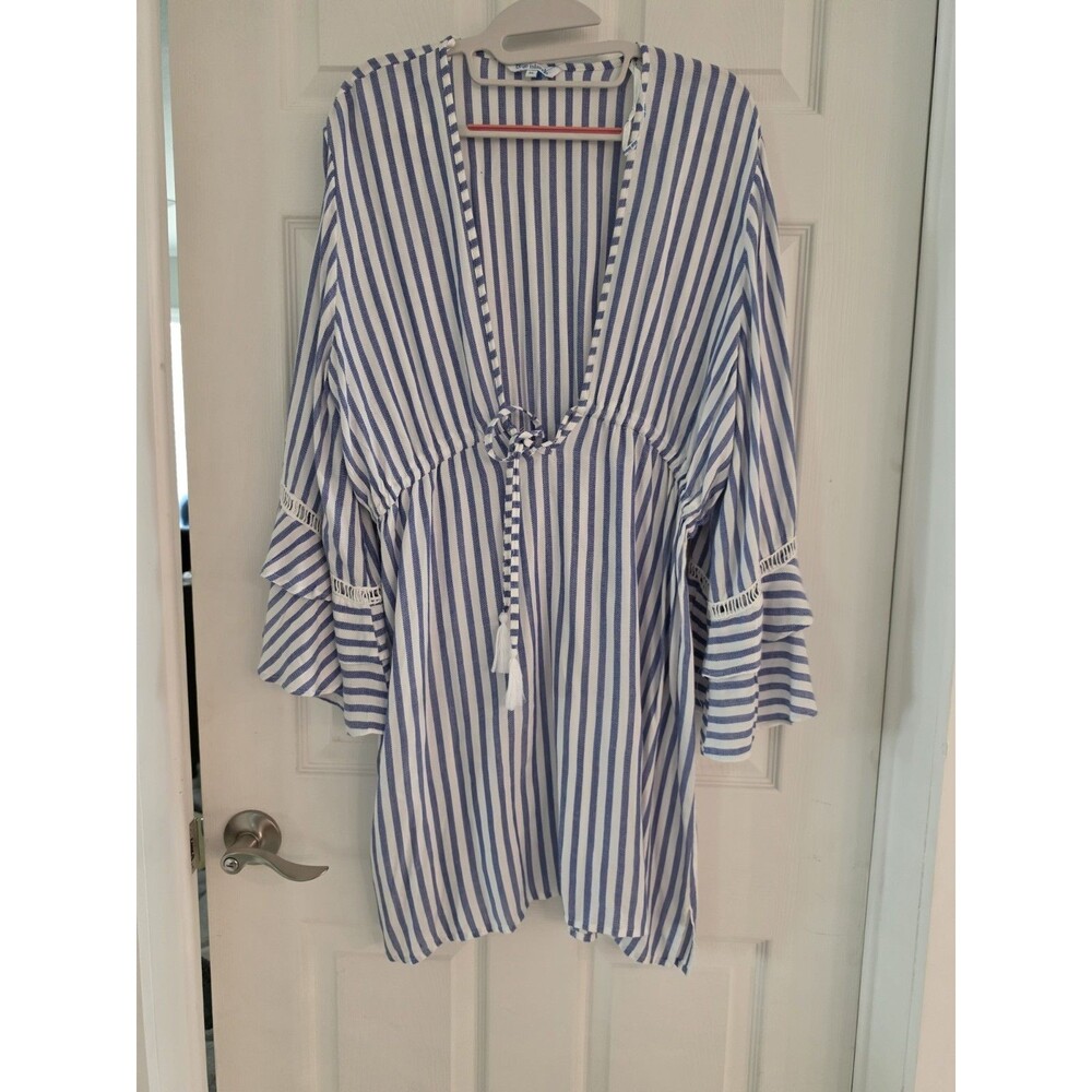 NWOT Blue Island 100% Rayon White Stripe Beach Cover-Up Dress Bell Sleeves XL - Picture 7 of 9